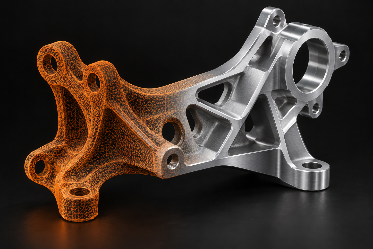 Concept rendering of an engineering bracket transitioning from orange scan mesh to a clean metallic CAD surface
